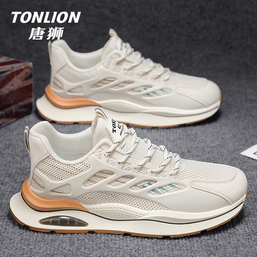 唐狮（TonLion）男鞋夏季潮流鞋子男网面运动鞋男士休闲鞋厚底老爹鞋 米色42
