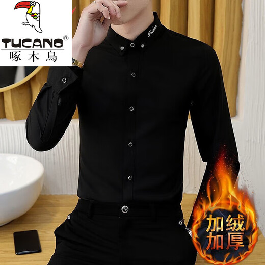 Woodpecker (TUCANO) winter white shirt men's long-sleeved slim suit men's shirt business casual high-end plus velvet thickened warm top 829 black plus velvet [plug plus velvet thickened] L reference 110-125 Jin [Jin equals 0.5 kg]