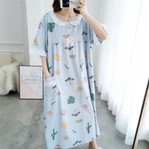 LANWEIFEILEI夏季薄款短袖女300斤公主风长款过膝睡裙胖妹妹宽松200睡衣SN7029 蓝色人掌 3XL 建议200-250斤