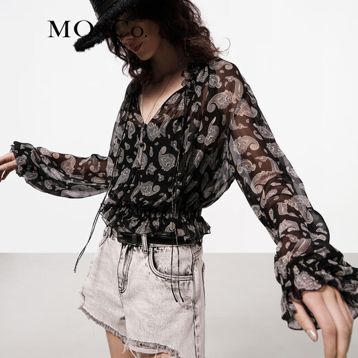 MO&Co.上衣5A桑蚕丝佩斯里花纹花边立领高腰收褶浪漫法式衬衫摩安珂 黑底白花色 S 160