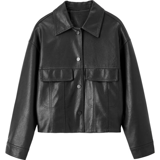 Shang Du Bilugan practiced handsome classic wild lapel pocket design locomotive jacket female leather clothes black M