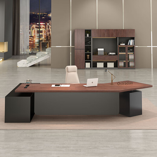 Oscarden Juzi Solid Wood Boss Desk with Side Cabinet Socket Black Walnut President Desk Law Firm Office Tea Table Integrated Style-Color-Size Customized Photoshoot