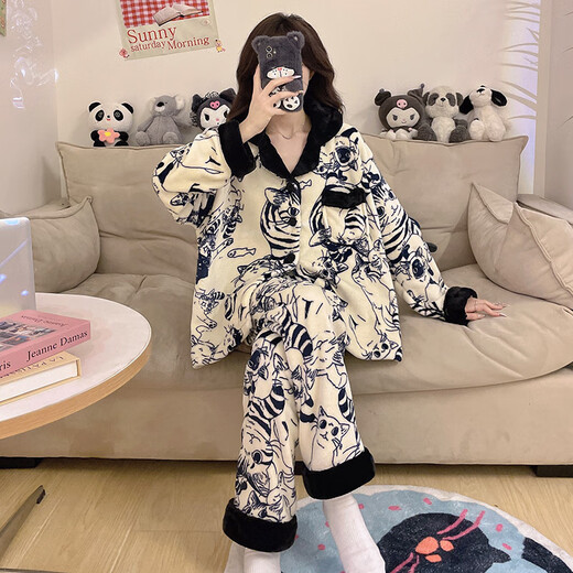 
Modal 2025 new pajama plush coral velvet home clothes for autumn and winter women's flannel plus velvet thickened large size set 6624 flagship model women's M size (recommended weight 80-100 Jin [Jin equals 0.5 kg])