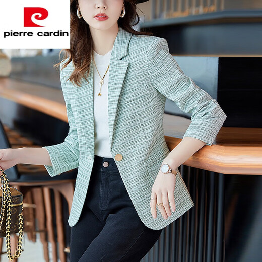Pierre Cardin Plaid Small Suit Women's Short Fashion Casual Long Sleeve Women's Professional Suit Cardigan Jacket New Temperament Top Green Suit (Coat Women) XL 116-125Jin Jin equals 0.5 kg