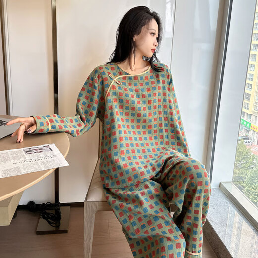 九红妃棉纱中式国风睡衣大码女胖mm夏季纯棉短袖九分裤套装家居服200斤 YZ16804 5XL （180-240斤）