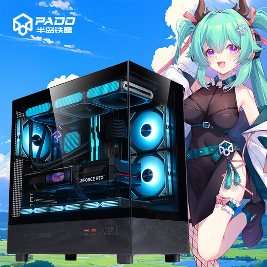 半岛铁盒应龙360海景房机箱ATX无立柱支持360水冷台式主机台式机电脑主机箱 黑色+极光Z13 ARGB风扇【4正5反】