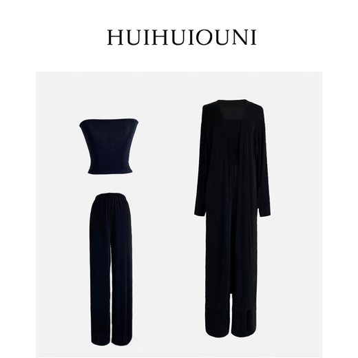 Huihui Ouni Spring Brew Designer autumn temperament tube top long three-piece set apricot tube top and pants one size