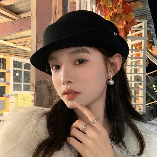 Wool hat women's autumn and winter French Hepburn style black basin hat temperament high-end hat trendy curly stewardess hat black one size adjustable small