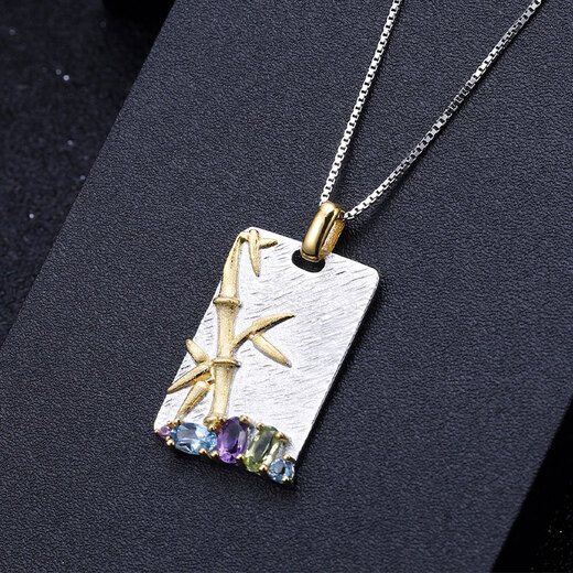 GEM STONE KINGGSK925 Silver Necklace Women's Bamboo Forest Gemstone Pendant Frosted Gold Clavicle Chain Sweater Chain Gift Colored Treasure Necklace for Friends