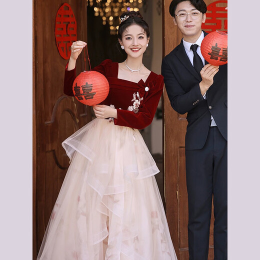 Li Baixin French Toast Wear 2025 New Bride Wedding Engagement Wedding Evening Dress Women's High-Quality Home Casual Clothes Long Sleeve Burgundy Long Style L Recommended 100-110 Jin Jin equals 0.5 kg