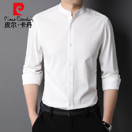 Pier Cardin Camisa de manga larga Collar de pie para hombres Camisa de color sólido Camisa de color sólido Algodón de algodón de algodón de edad de mediana edad y joven primavera y otoño Top 9930 Light Blue 175/L
