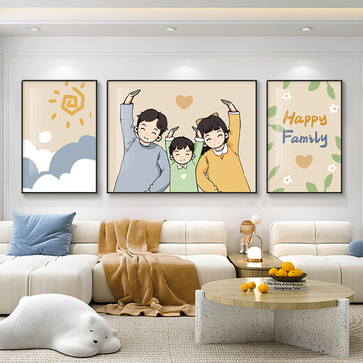 画画小镇现代简约风全家福客厅餐厅装饰画轻奢沙发背景墙挂画餐厅壁画创意 PD1694-1695-1696一家四口 中间60*40+左右30*40 黑框+防水油画布画面