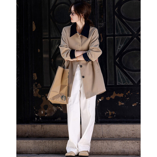 Demana [gentle core] Spring and autumn simple style contrasting color lapel high branch high density A-swinging trench coat women's mid-length style