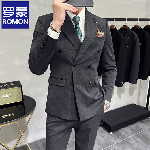ROMON spring and autumn off-white double-breasted suit for men, slim, handsome, casual, small suit jacket style, white (jacket + pants) M