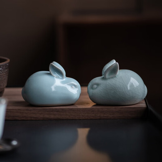 Tinghuai Kiln Ru Kiln Cute Rabbit Ceramic Tea Pet Ornaments Desktop Ornaments Ru Kiln Open Slices Can Raise Kung Fu Tea Ceremony Accessories Egg Green Lucky Cute Rabbit