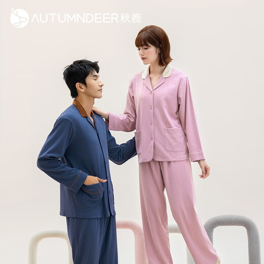 Autumn deer couple pajamas for women winter German velvet hot solid color coral velvet color matching v-neck cardigan long-sleeved home wear set lilac purple 148 women XL