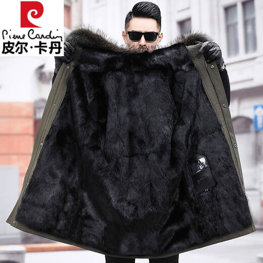 Pierre Cardin parka men's removable full mink lining fur one-piece coat mid-length off-size mink velvet fur coat winter military green newly upgraded special thick section M 100Jin Jin equal to less than 0.5 kg