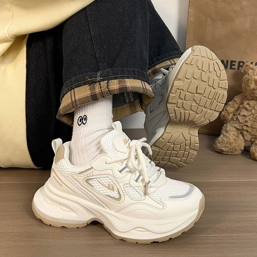 Huili Frauenschuhe dicker LOLED DAD SHOUS Damen Atmungsfreie vielseitige trendige Schuhe Retro Freizeitschuhe J841Z Beige 37