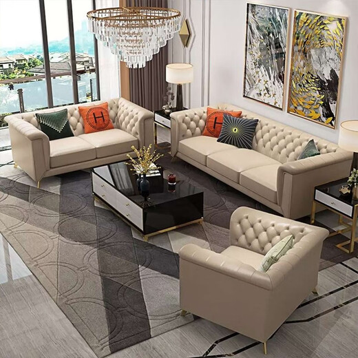 [Spot Flash] Meimeng Shubao Sofá Sala de estar Luz americana Sofá de lujo Postmoderno Hong Kong Estilo moderno de cuero simple Muebles de apartamentos pequeños 1105 Asientos de tres personas First Capeta de primera capa + esponja de temperatura constante importada