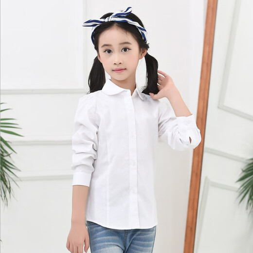 Jiuyu's children's shirt girls pure cotton white shirt casual white long-sleeved shirt student solid color top solid color 150 (suitable for 141-150cm height)