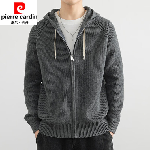 Pierre Cardin autumn and winter cardigan sweater men's casual hooded cardigan coat thickened warm loose zipper sweater knitted dark gray XL 130-150Jin Jin equals 0.5 kg