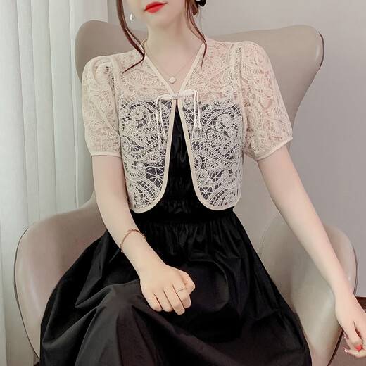 
Mu Xiaduo small shawl lace small shawl for women in summer 2024 new Chinese style plate button hook flower hollow short sleeve sunscreen cardigan 3890 apricot S
