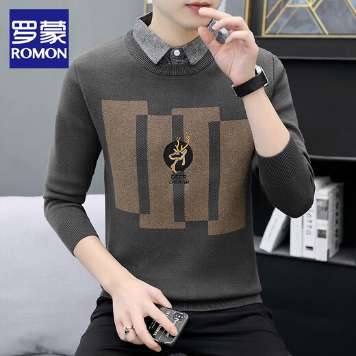 Romon gefälschter zweiteiliger Pullover Herbst und Winter warmer Pullover Männer Schlanker Geschäft Casual Pullover Basis Shirt Herbst Top We8136 Grau XL