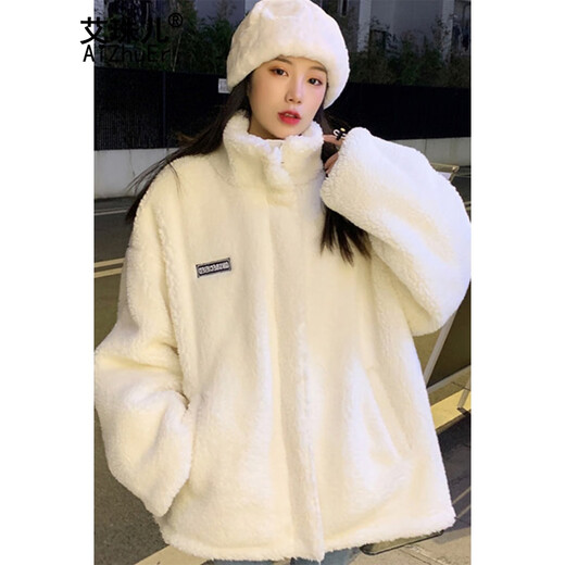 Ai Zhuer reversible lamb wool coat for women autumn and winter new Korean style loose thickened lamb wool cotton clothes for women white one size fits all (recommended 80-140 Jin Jin equals 0.5 kg)