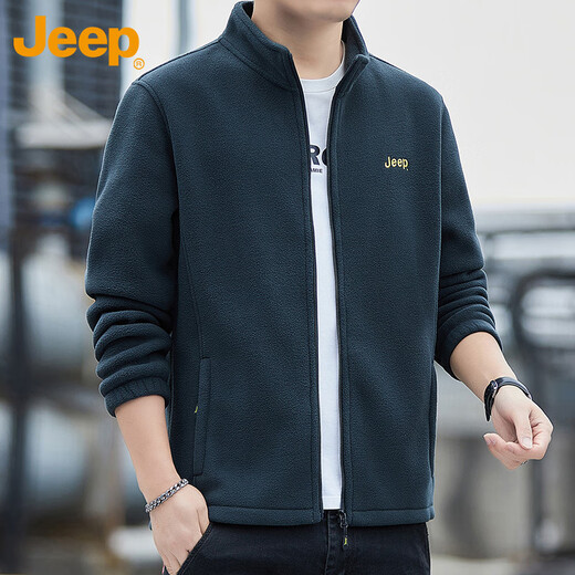 JEEP Sweater Men's Autumn and Winter Polar Fleece Thick Warm Cardigan Jacket Men's Loose Stand Collar Men's Gray Green XL