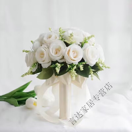 CLCEY新款森系茶花苞仿真白色玫瑰花婚纱拍照摄影新娘结婚庆订婚手捧花 栀子花开