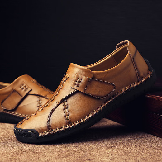 Western Region Kamelgröße Marke 2023 Herren Lederschuhe Herren Herbst Neue echte Lederbohnenschuhe Großgröße 9912 Gelbbraun 40