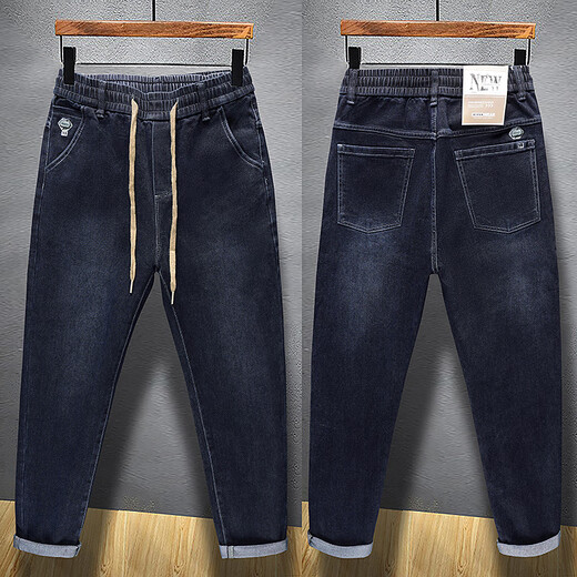 梦园朵夏季牛仔裤男士松紧腰高弹力宽松版型休闲裤男韩版潮流小脚裤长裤 常规 3887黑色 28  90-105