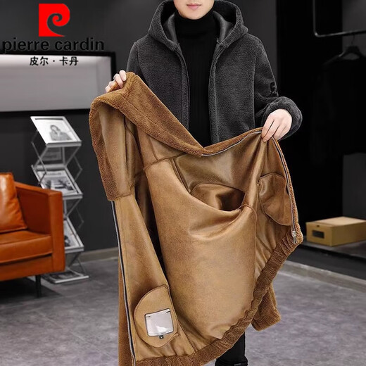 Pierre Cardin Men's Shearling Hooded Jacket Men's 2025 Winter New Polar Fleece Thickened Jacket Men's Jacket Gray 2XL 130-150Jin Jin equals 0.5 kg