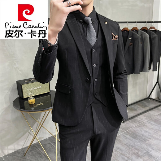 Pierre Cardin Bräutigamanzug Herrenanzug gestreiftes Hochzeitskleid Geschäfte Casual Work Formale Verschleiß Britisch-Strick Jst9905 Schwarzes 2-teiliger Set [Anzug + Hosen] + 56/3xl [145-160jin [Jin gleich 0,5 kg] Verschleiß]