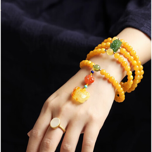 Longyin Beeswax Bracelet Amber Bracelet for Women and Men Raw Mineral 108 Rosary Beads Handmade with Nanhong Birthday Gift YJ 6mm