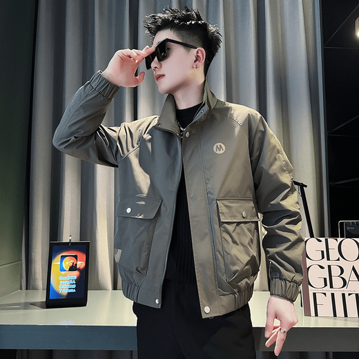 Jacket Men's Spring and Autumn New Casual Fashion Short Stand Collar Jacket Retro Workwear Trendy Brand Tops Black L