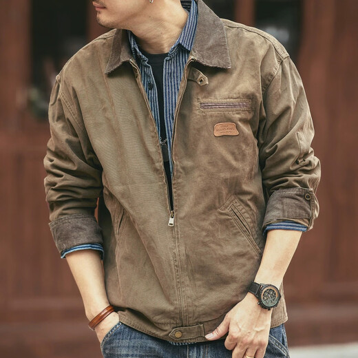 JEEP SPIRIT Jeep American retro heavyweight work jacket 2024 men's spring and autumn pure cotton new outdoor hunting jacket handsome jacket Khaki XL suitable for 155-175Jin Jin equals 0.5 kg