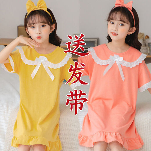 Guzibird Kinder Nachthemd Kurzarm Cartoon Feste Farbe Baumwolle Sommer mittel-large-Heimkleidung für Kinder für Kinder im Alter von 2 bis 14 Jahren SS Short Rock Orange Hairband 110 12 Größe Height-12048jin [Jin gleich 0,5 kg]