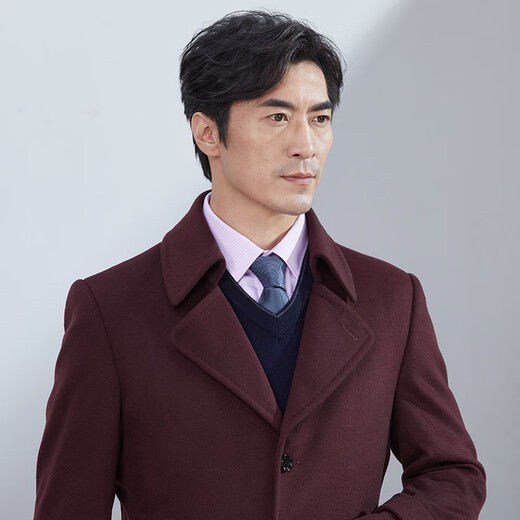 Hongdu new wool coat mid-length buckle fashionable slim suit collar daddy suit 100 wool men's jacket Burgundy EN1277-3 S 165/84A