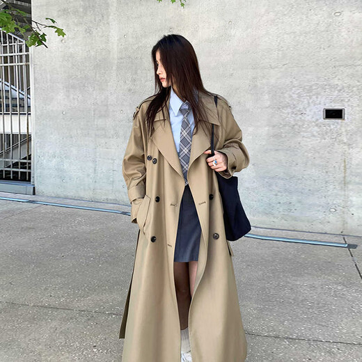 Garnuo Khaki Windbreaker veste pour femmes mi-longueur 2025 printemps et automne Nouveau petit manteau décontracté de style britannique Khaki L [131-150jin [Jin est égal à 0,5 kg]]]