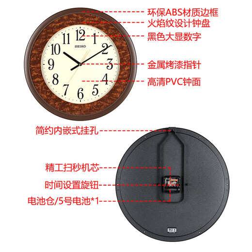 Seiko Japanische Seiko Walluhr Europäische Wohnzimmer Wanduhr Einfache moderne runde Haushaltsuhr Dekoration Elektronische Quarzuhr Braunes Flammenmuster QXA684