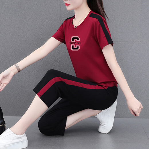 NY-EMMA运动套装女短袖夏季薄款高档洋气减龄棉质休闲时尚跑步服两件套 687卡其（七分裤套装） M(建议80-95斤)
