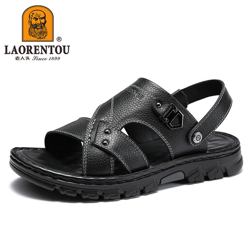 老人头（LAORENTOU）沙滩鞋男拖鞋头层牛皮荔枝纹鞋拖两用户外凉鞋 LT12033 黑 38