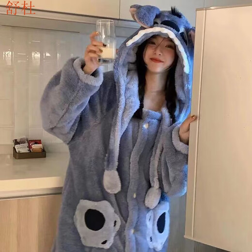 Shudu (SHUDU) Stilt cartoon couple internet celebrity style pajamas men and women autumn and winter coral velvet long nightgown for men plus velvet Stilt suit 2XL 175-190CM