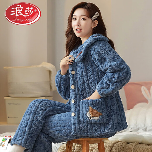 LangSha pajamas for women in autumn and winter coral velvet new style can be worn on the outside, thickened flannel, winter warm home clothing set B683 rabbit head - purple M [75-95Jin [Jin equals 0.5 kg]]
