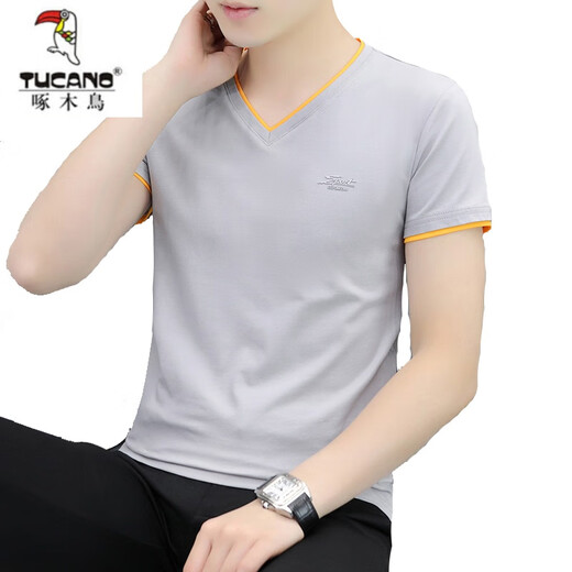 Woodpecker (TUCANO) Odell Cotton Summer V-neck Short-sleeved T-shirt Men's Trendy Base Shirt Half-sleeved Slim Body Shirt Pure Cotton Casual Clothes Q691 Blue Gray XL [Suggested 125-140Jin [Jin equals 0.5 kg]]
