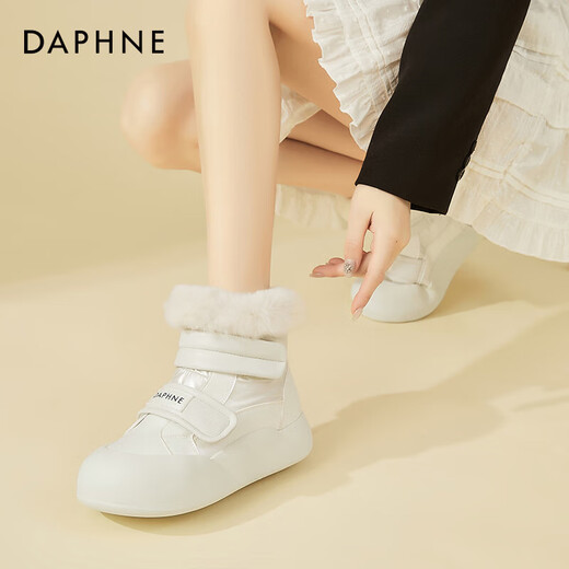 达芙妮（DAPHNE）厚底雪地靴女2025新款秋冬季加绒加厚保暖棉鞋魔术贴毛毛鞋女 米色 35
