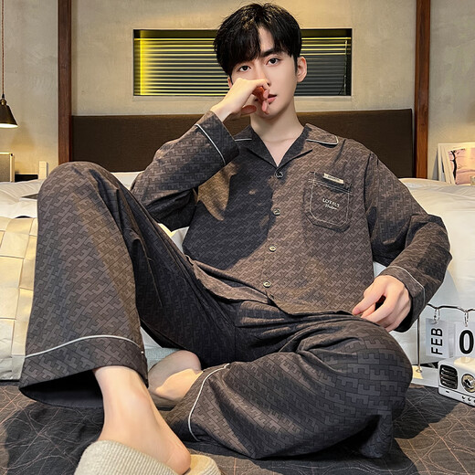 
Modal 2025 new men's pajamas cotton long sleeve spring and autumn thin spring and autumn youth cardigan home clothing set (BBA) men's G693 L (recommended height is about 170, weight is 100~130 Jin [Jin equals 0.5 kg])