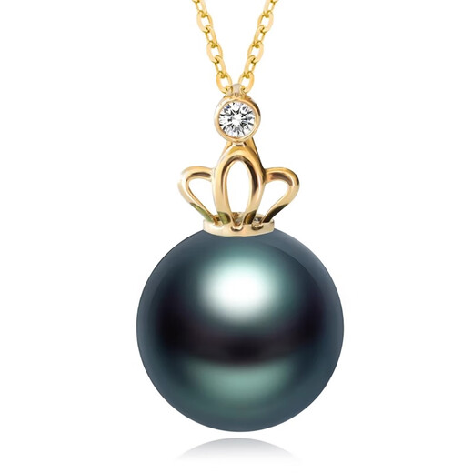 Qiongruige Crown Model 18K Gold Tahitian Black Pearl Pendant Seawater Round Malachite Green Necklace Pendant Single 11-12mm Malachite Green Slightly Flawed + 18K White Support
