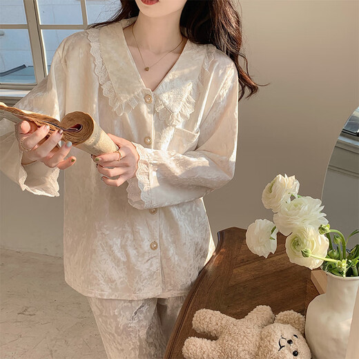 浪莎金丝绒睡衣女秋季女款2025新款长袖长裤甜美公主风花边春夏款夏季 SMSD-9925 M (建议80-100斤)
